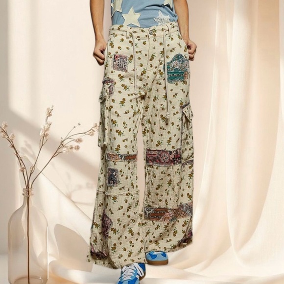 POL Patchwork Cargos Bohemian Straight Fit Pants with Pockets - Picture 1 of 10